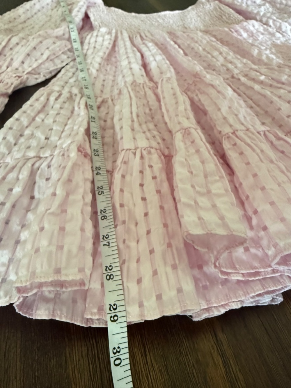 MABLE Pink Smocked Puff Sleeve Textured Check Tiered Babydoll Mini Dress Small - Picture 12 of 16